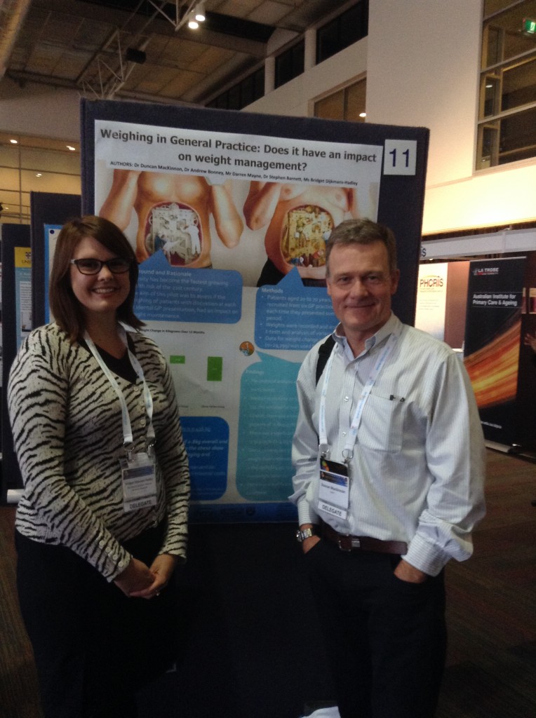 Dr Duncan MacKinnon and ISPRN Coordinator Bridget Dijkmans-Hadley with the PHCRIS Best Poster-Weighing in general practice: Does it have an impact on weight management?